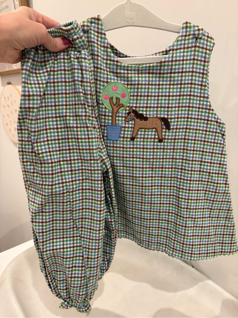 Kids Green Plaid Applique Dress with Horse & Tree